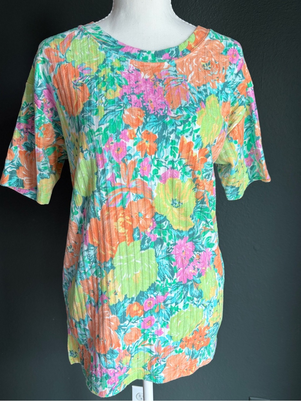 Vintage Partners Mervyns Floral Ribbed Knit Top M Bright Tropical Garden Tee